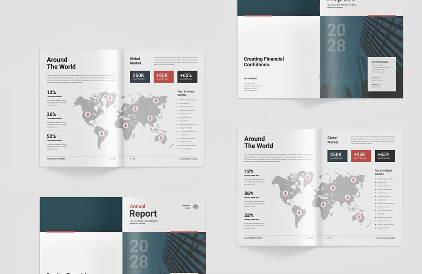 Spreads laid out: global market pages and the cover